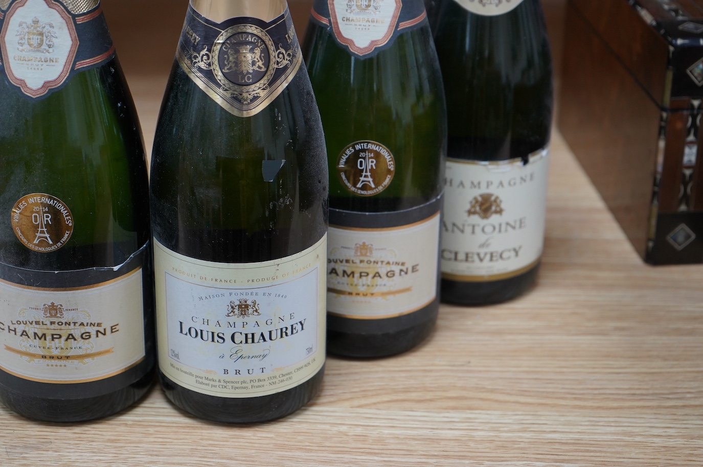 Six assorted non vintage champagnes to include De Vallois and Louvel Fontaine. Condition - good, storage history unknown